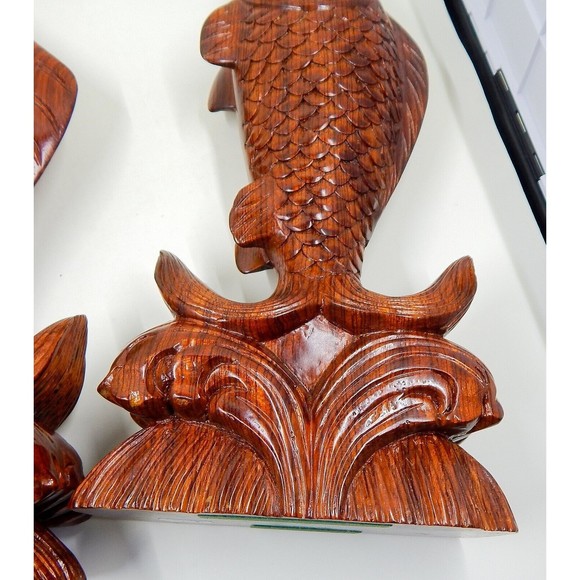 Wooden Fish Koi Carp Jumping Out of Water Bookends Sculpture Figurine 11" Pair - Picture 9 of 10